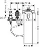 Produktzeichnung eines Hansgrohe-3-Loch-Einhebel-Wannenrandmischers mit Detailmaßen und Verbindungselementen. Technische Details sind schematisch dargestellt.
